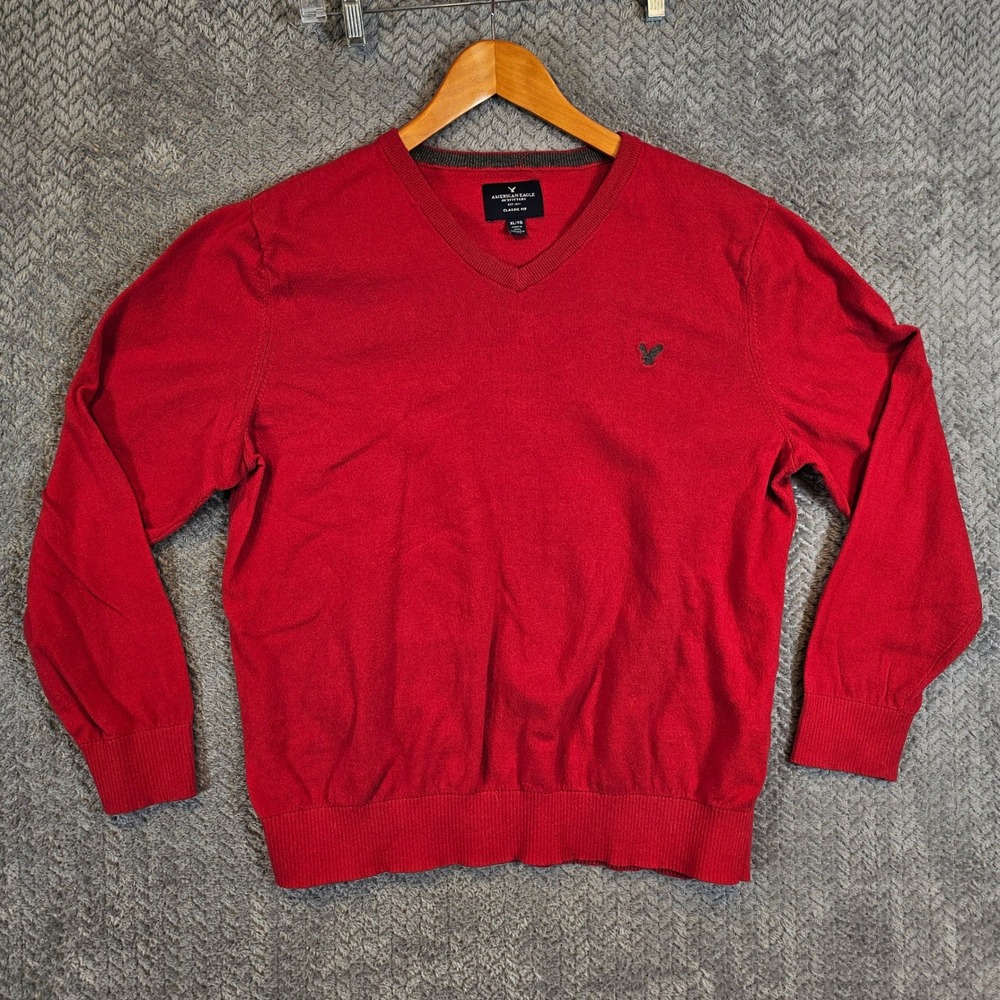 American Eagle Mens Red V-Neck Cotton Sweater XL Classic Fit Logo Knit 1114